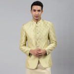 Men Green Self-Design Slim Fit Bandhgala Blazer