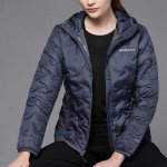 Women Navy Blue Reflective Strip Outdoor Puffer Jacket