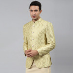 Men Green Self-Design Slim Fit Bandhgala Blazer