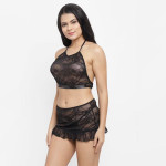 N-Gal Women's Lace High Neck Crop Top Bra Short Skirt Underwear with G-String Set - Black
